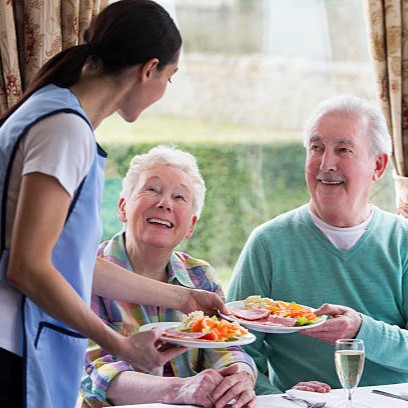 Elderly couple getting served food from female carer in a retirement home